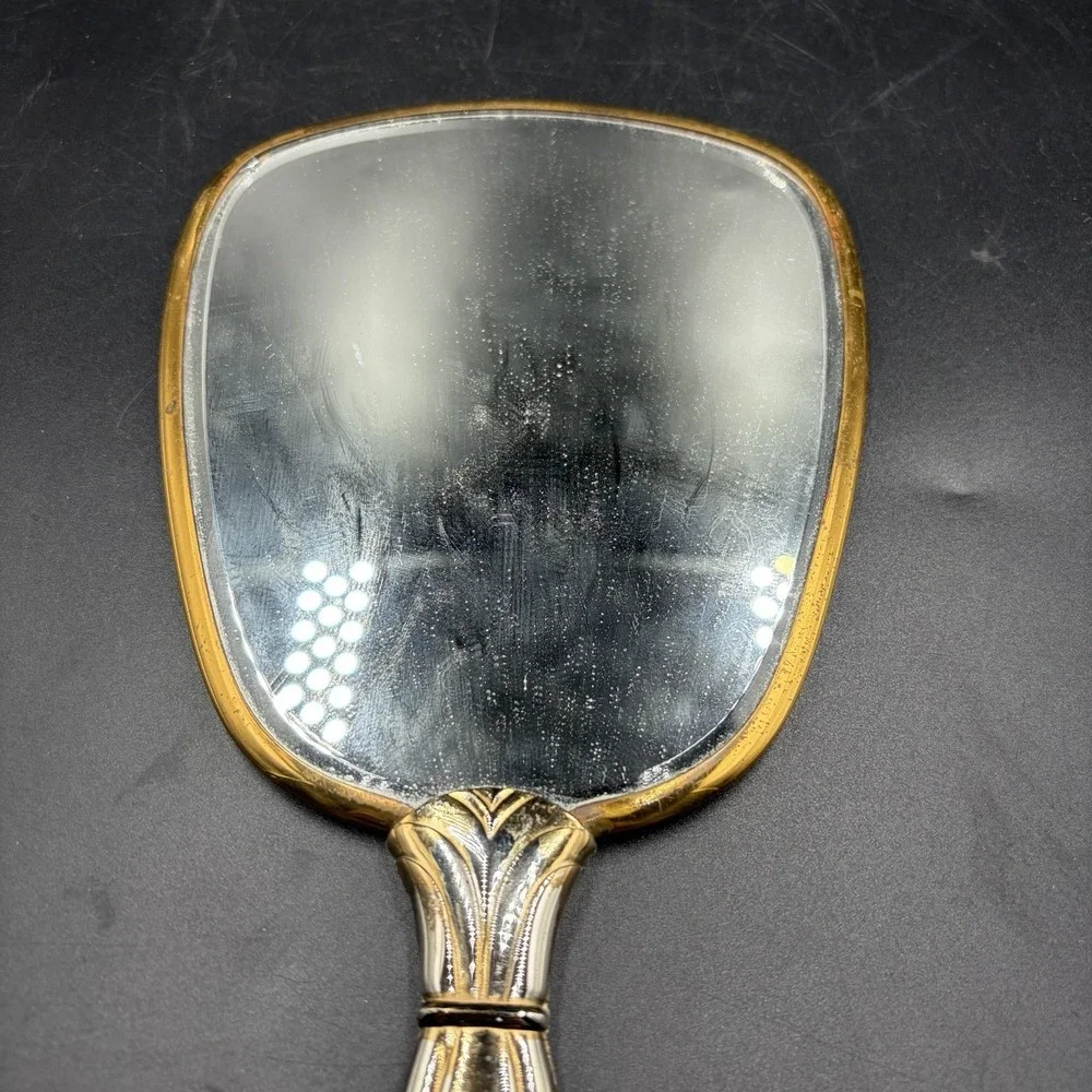 Vintage Art Deco Handheld Vanity Mirror Metal Frame Gold & Silver Victorian Rose